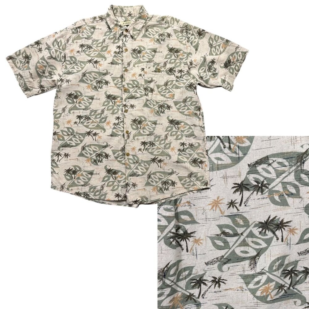 Summa 100% Silk Mens L Hawaiian Aloha Camp Shirt Tropical Palm‎ Fish Print Tan